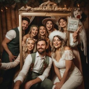 Bride and groom with guests at a selfie photo booth during a wedding celebration