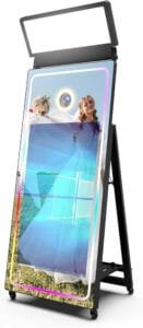 Sleek modern Magic Mirror photo booth with touch-screen features, fun animations, and instant high-quality prints for all occasions