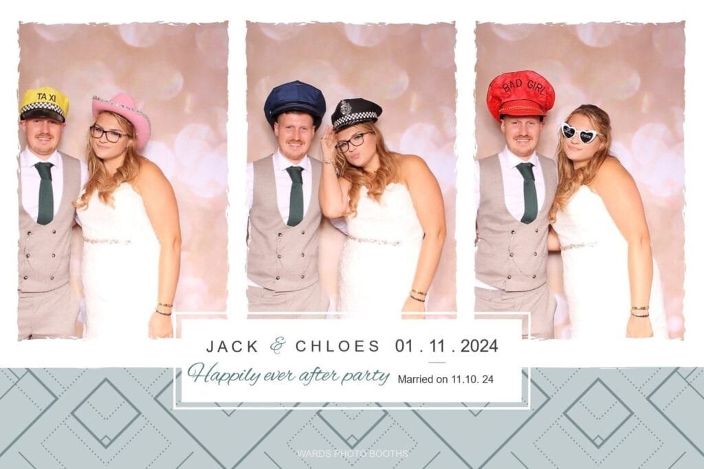 wedding couple posing with silly hats
