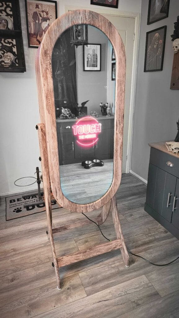 Rustic Magic Mirror Photo Booth with touch screen prompt in vintage wooden frame