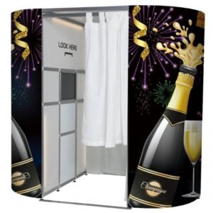 Classic enclosed oval photo booth with privacy, instant prints, and customizable features for weddings, parties, and corporate events.